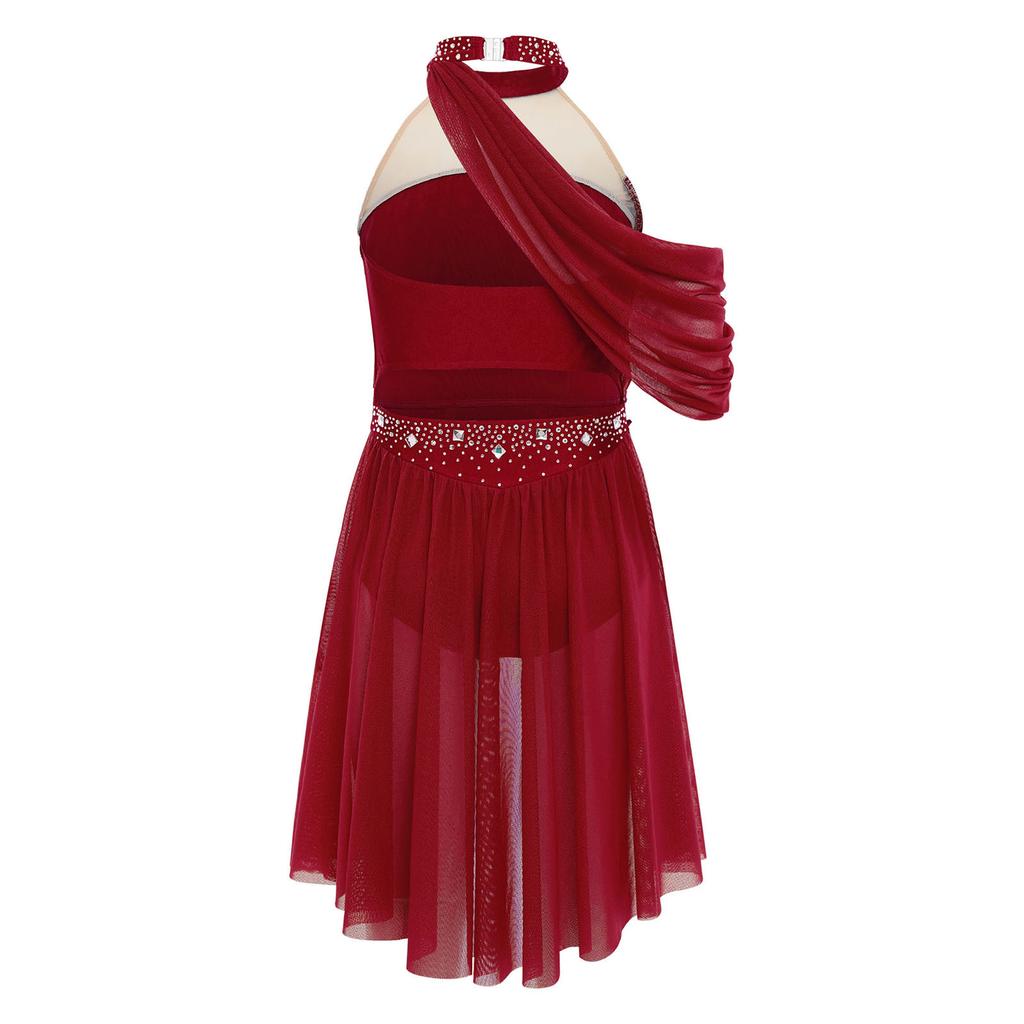 Girls Halter Backless Ruched Mesh Drape Dress Lyrical Dance Performance Rhinestone Costume