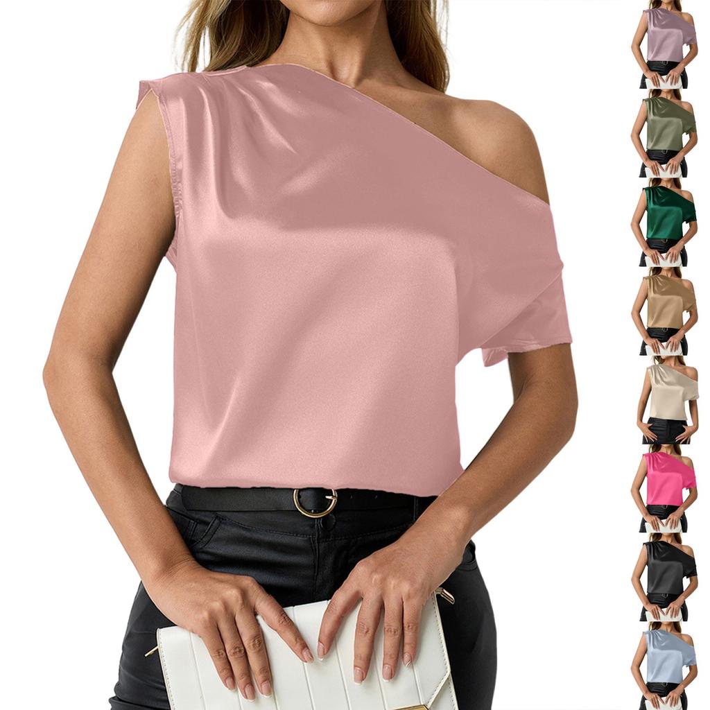 Women's Short Sleeve Shirt Loose Satin Top Embossed Lace V-neck Silk Lined Top
