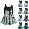 Women Vintage Long Sleeve Christmas Print 1950s Housewife Evening Party Prom Dress