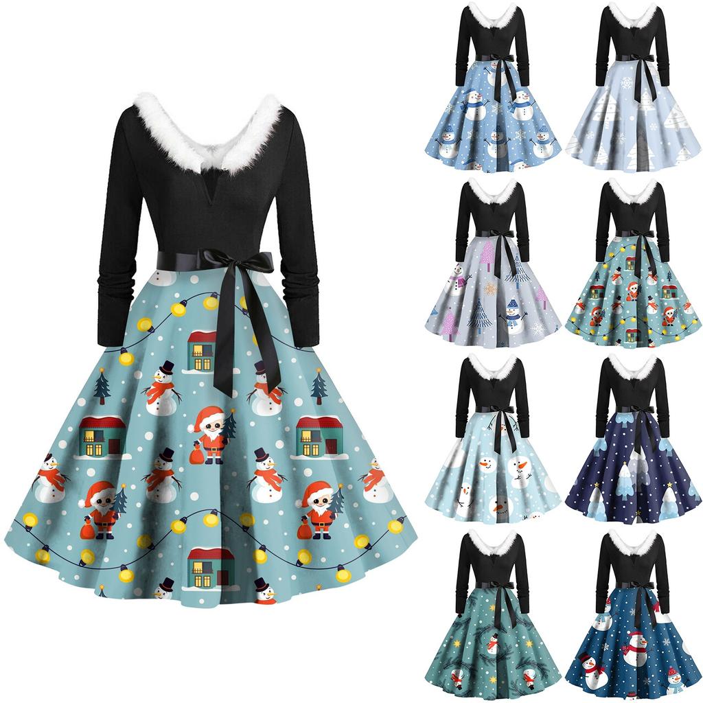 Women Vintage Long Sleeve Christmas Print 1950s Housewife Evening Party Prom Dress