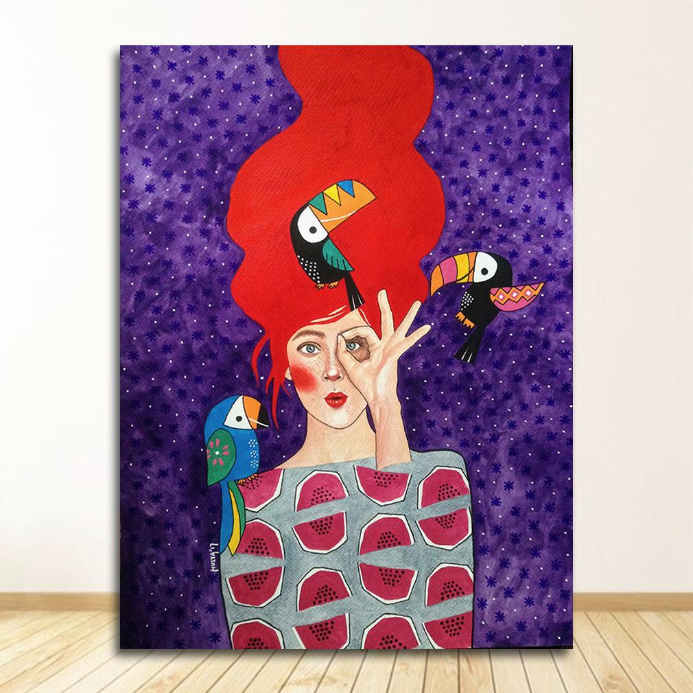 Abstract Girl Hair Flower Bird Posters and Prints Vintage Wall Art Canvas Painting Wall Pictures for Living Room Decor
