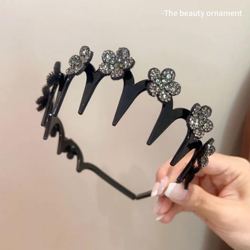 Korean Rhinestone Floral Wave Headband: Women's Frizz Control, High Skull Top, Wash Face Clip, Hair Tie