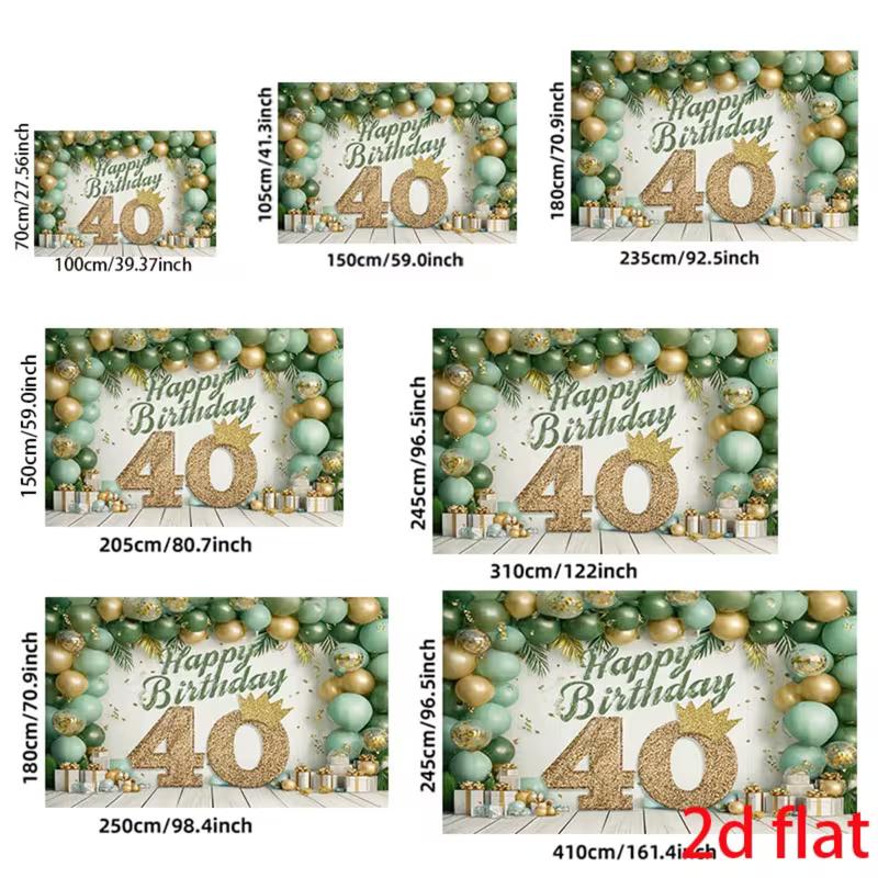 2D Flat Print Green Gold 40th Birthday Backdrop for Party Photo Booth