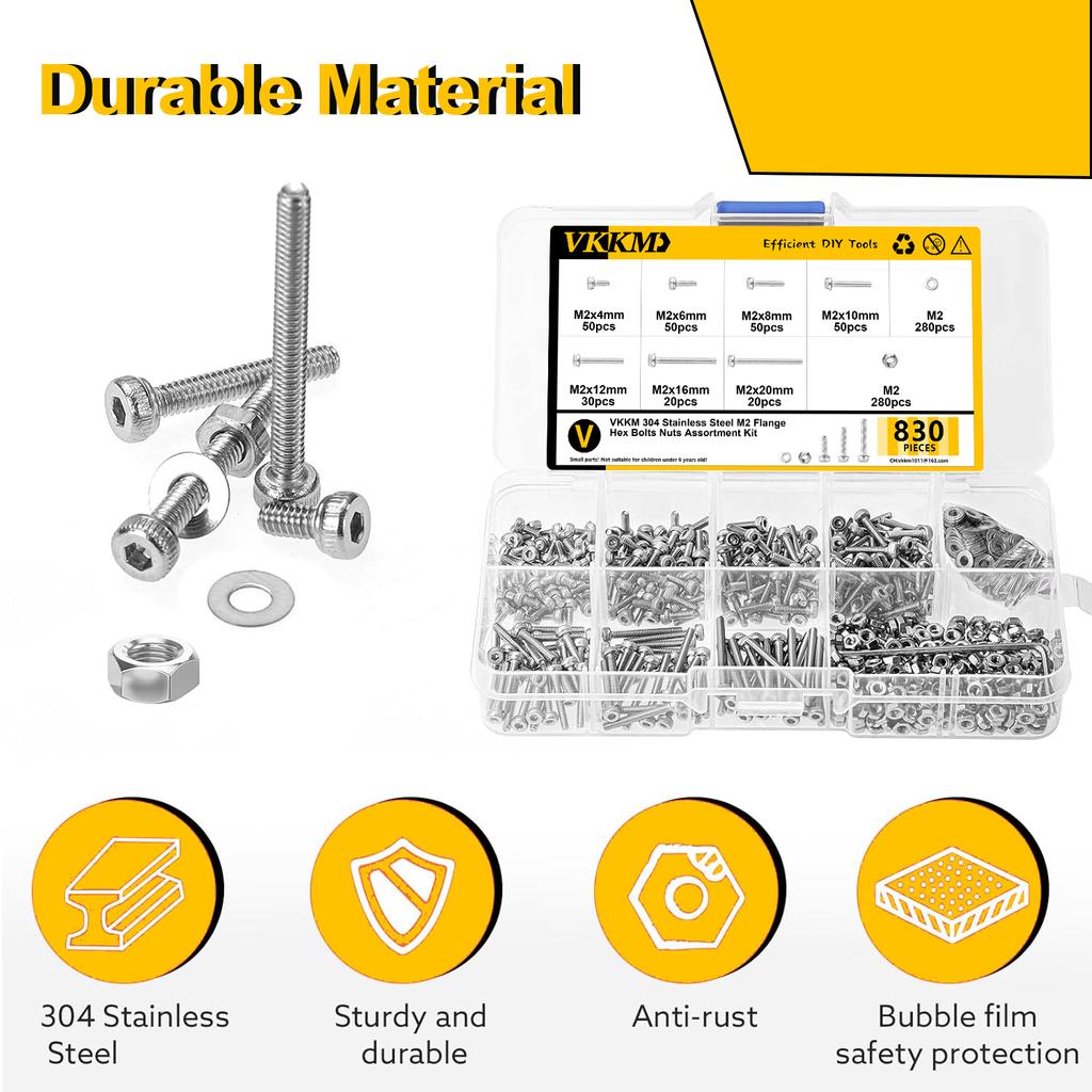 830 комплектов метрических винтов, гаек и шайб из нержавеющей стали марки 304 в сочетании с M2x (4/8/10/12/16/20) винты.
