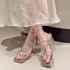High-heeled Sandals for Women's Outer Wear Summer New Rhinestone Bow with Women's Thick-heeled Cool Slippers