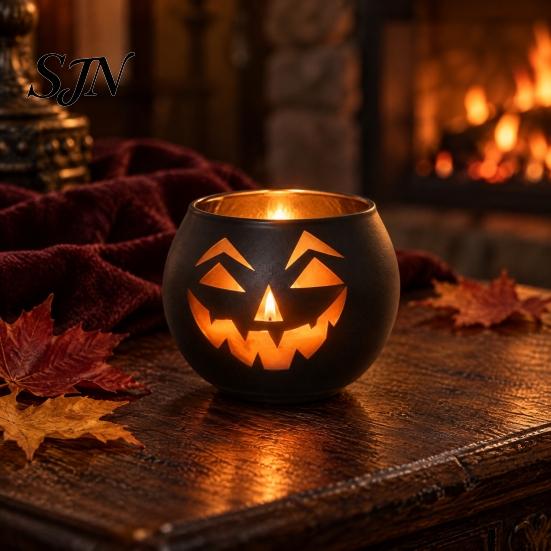 Festive Party Atmosphere Decor Halloween Pumpkin Glass Candle Holder, Iron Art Tealight Lantern for Tabletop Window Table Centerpieces And Fireplace