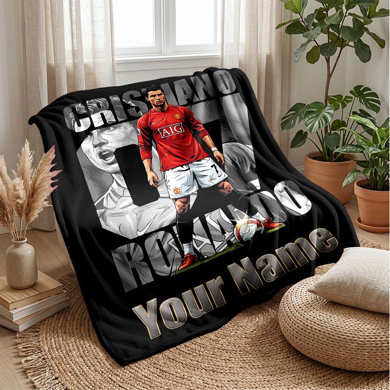 Cristiano Ronaldo Custom Name Text Flannel Blanket Soccer Logo Personalized Fleece Throw Blanket Special Gift For Sofa Bedroom Home