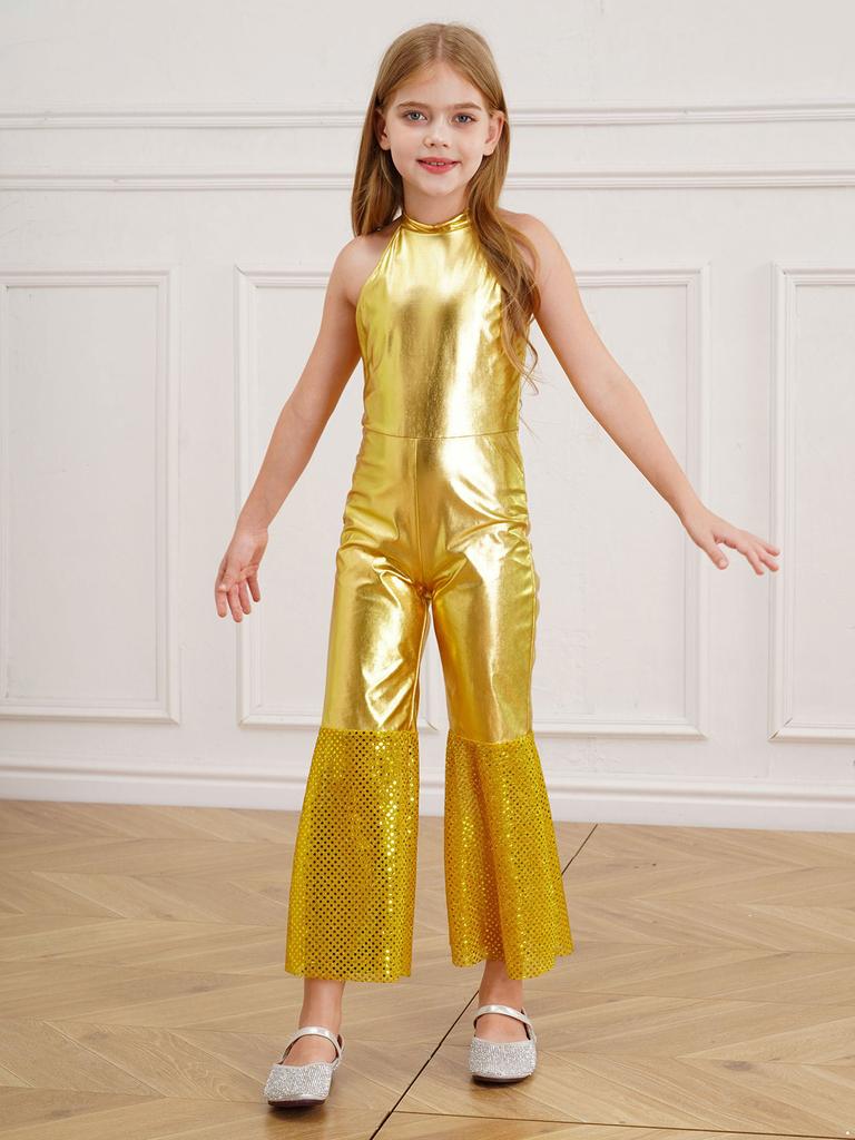 Girl Fancy Dress Up Metallic Sequins Movie Star Singer Bodysuit 70s Disco Dance Retro Cosplay Jumpsuit High Waist Jazz Dancewear
