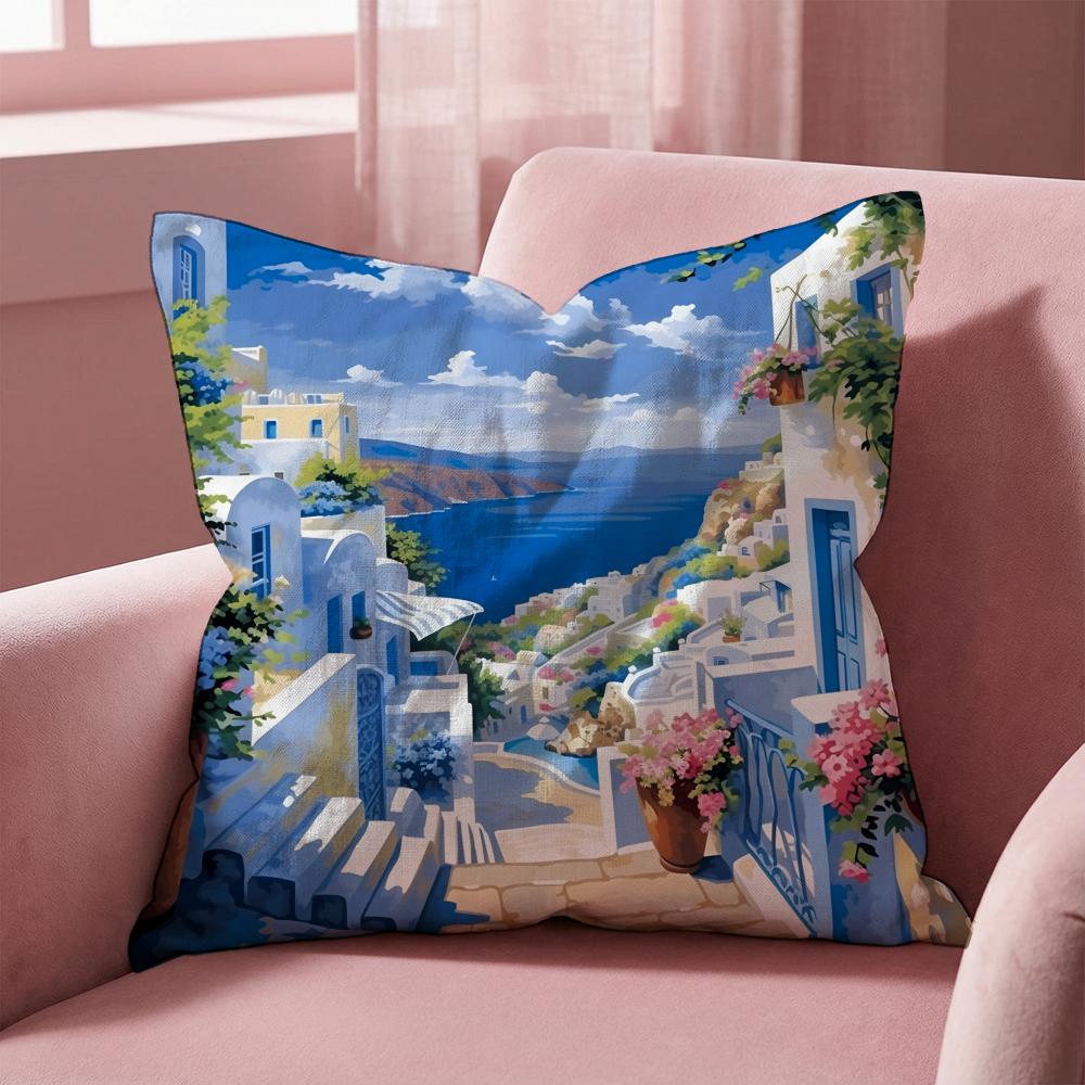 Чехол на подушку с пейзажем Санторини, многоцелевой чехол для дома и автомобиля - Двусторонний, мягкий и прочный для ежедневного использования