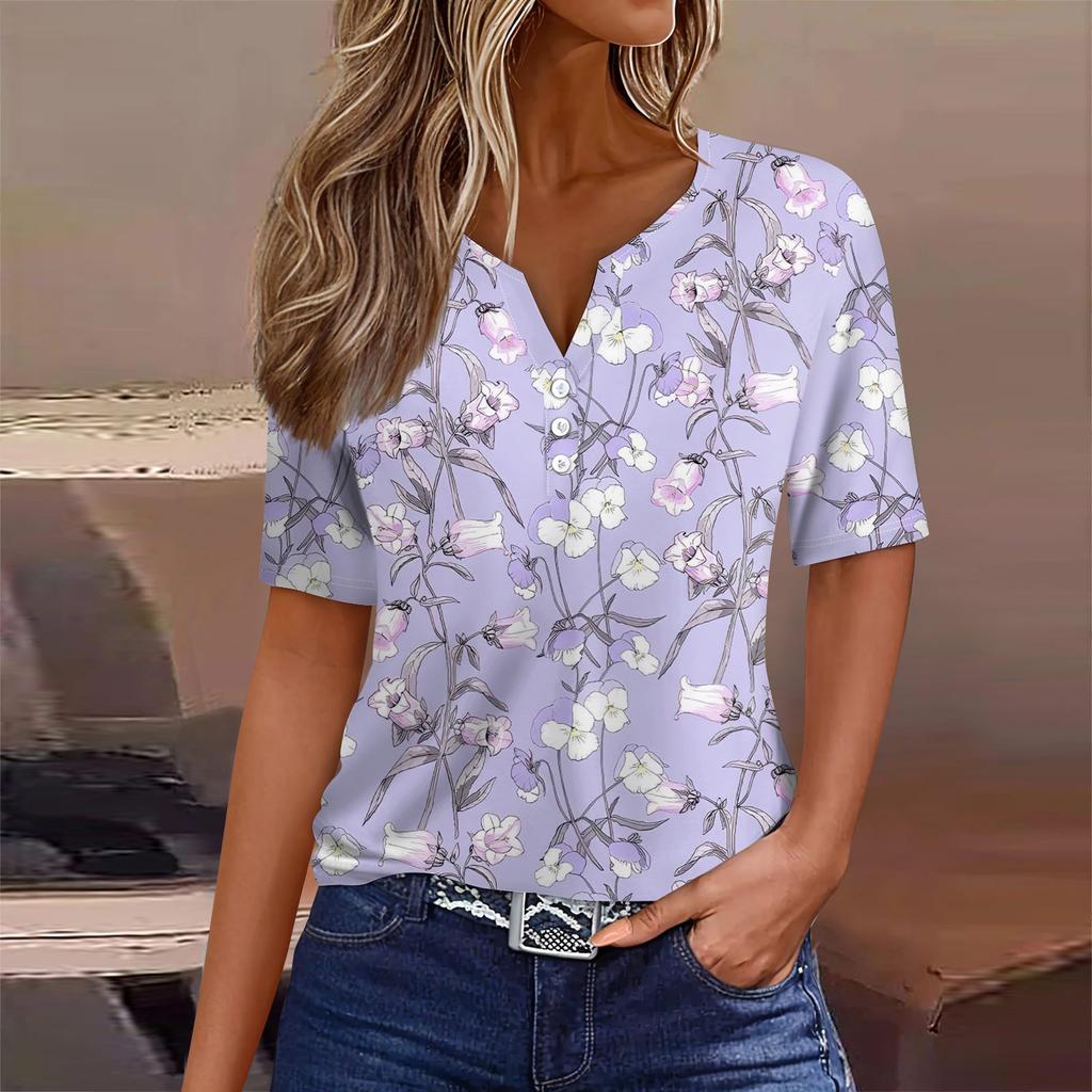 Short Sleeve Shirts For Women Cute Flowers Print Graphic Tees Blouses Casual Plus Size Basic Tops Pullover