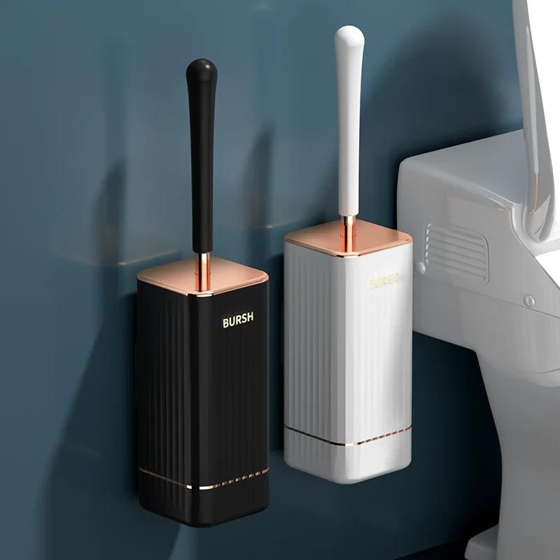 Silicone Toilet Brush TPR Soft Bristles Leak Proof No Dead Corner Wall Mounted Long Handle Bathroom WC Deep Cleaning Brush Set