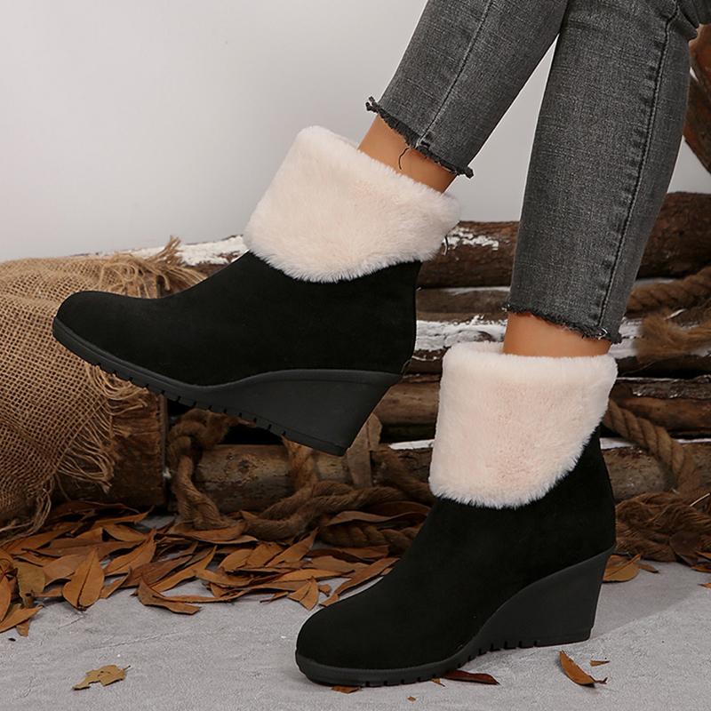 Женские ботильоны на танкетке из искусственного меха с лоскутным узором, на толстой подошве, модные женские ботинки с молнией сзади, короткие, на толстой подошве, Botas Mujer