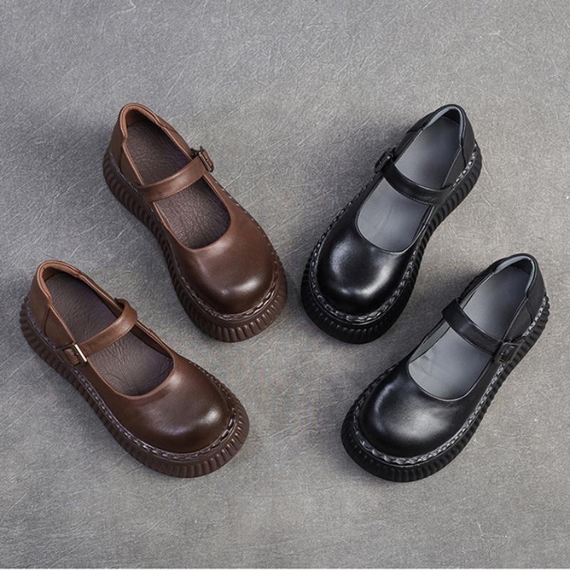 Johnature Mary Janes Shoes Genuine Leather Flat Platform Shoes Buckle Thick Soled Height Increasing Sandals