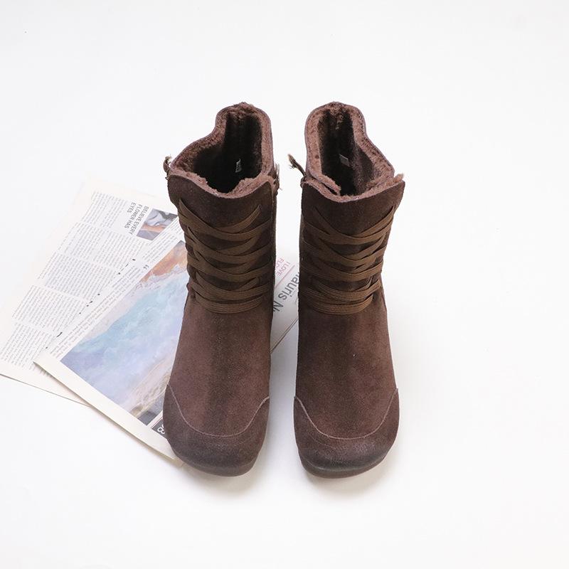 Johnature Плюшевая коровья замша Плюшевые женские полусапоги Ретро шнуровка Теплые на плоской подошве Зимние сапоги