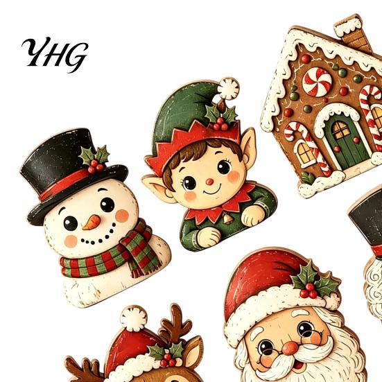 Christmas Fireplace Mantle Ornaments 6Pcs Wooden Tabletop Signs, Xmas Sign Decor, Santa Reusable Holiday Figurines Snowman Reindeer Gingerbread House
