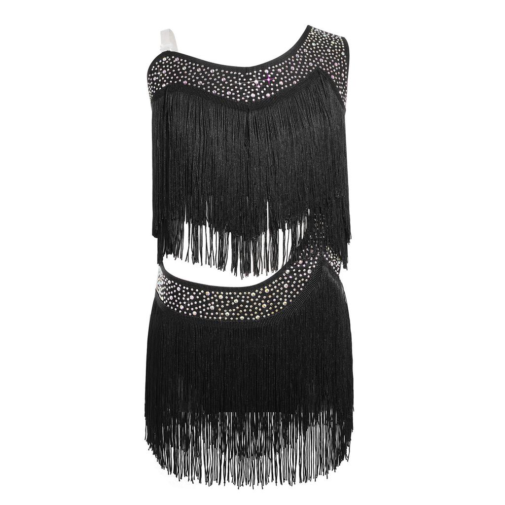 Girls Tassel Latin Dance Dress Asymmetrical Fringe Shiny Rhinestones Cutout Stage Performance Costume