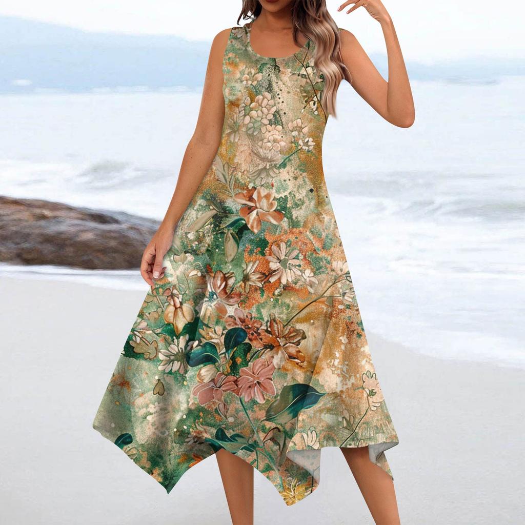 Женское повседневное модное платье миди без рукавов с круглым вырезом и нерегулярным подолом с цветочным принтом