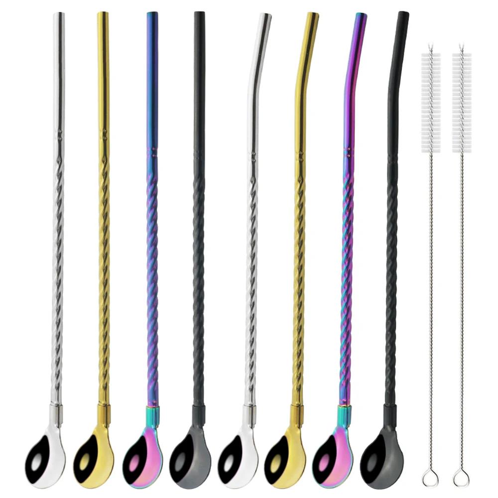 10 шт. многоразовая ложка-соломинка из нержавеющей стали, цветная металлическая соломинка, коктейльная ложка-соломинка, аксессуар для помешивания кофе в молочном баре