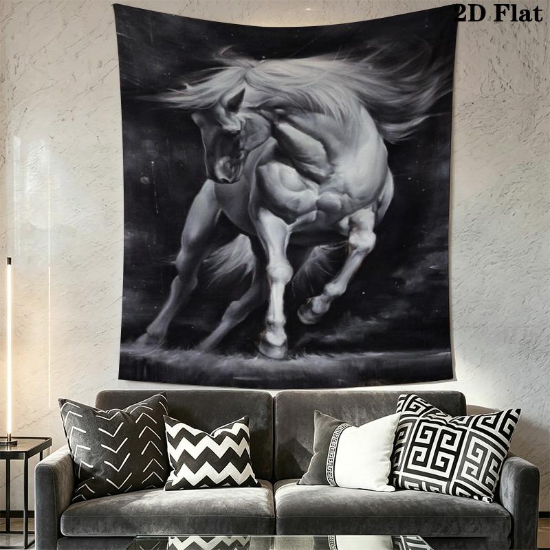 Watercolor White Horse Tapestry, Soft Painting Horse Portrait Art Print Wall Hanging for Bedroom Living Room Decor