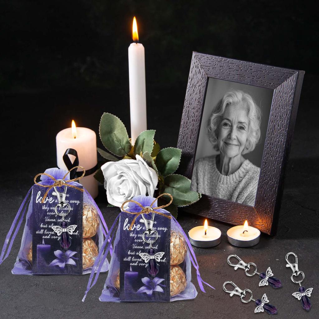 40 шт. Фиолетовые брелоки Ангел-хранитель Похоронные памятные сувениры для вечеринки с персонализированными карточками