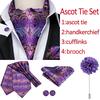 Mens Ascot Tie Set Silk Purple Paisley Tie with Handkerchief Cufflinks Brooch