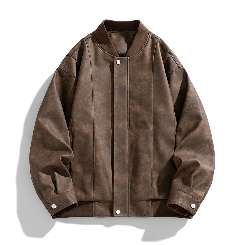 Jacket Men's Spring Trend Pu Men's Vintage Baseball Collar Clothes Casual Men's Leather Jacket Solid Color Loose Coat Men