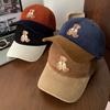 Cute Bear Embroidered Corduroy Color Blocked Baseball Cap for Women Autumn and Winter Large Head Cap Versatile Hat