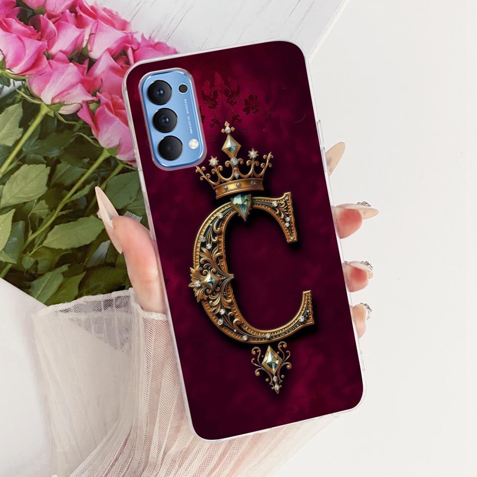 Transparent For Oppo Reno4 4G Case CPH2113 Luxury Crown A-Z Letters 2D Flat Pattern Soft Bumper For Oppo Reno 4 4G Phone Case