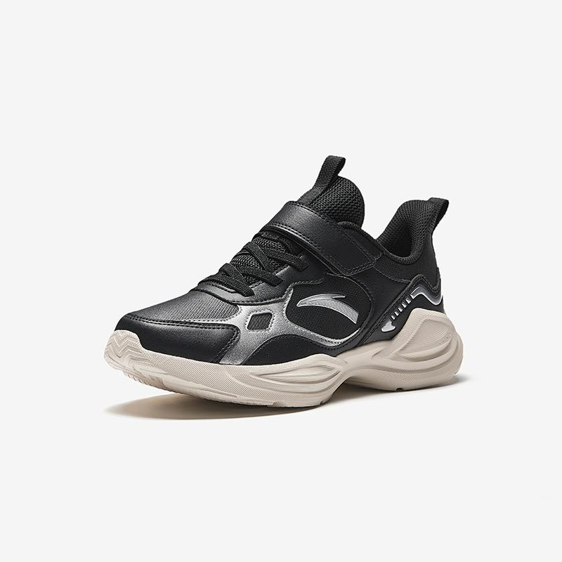 Anta Kids Synthetic Leather Trendy Versatile Lightweight Shock Absorbing Low Top Running Shoes Men Sneakers Silver Black A12445577N-2