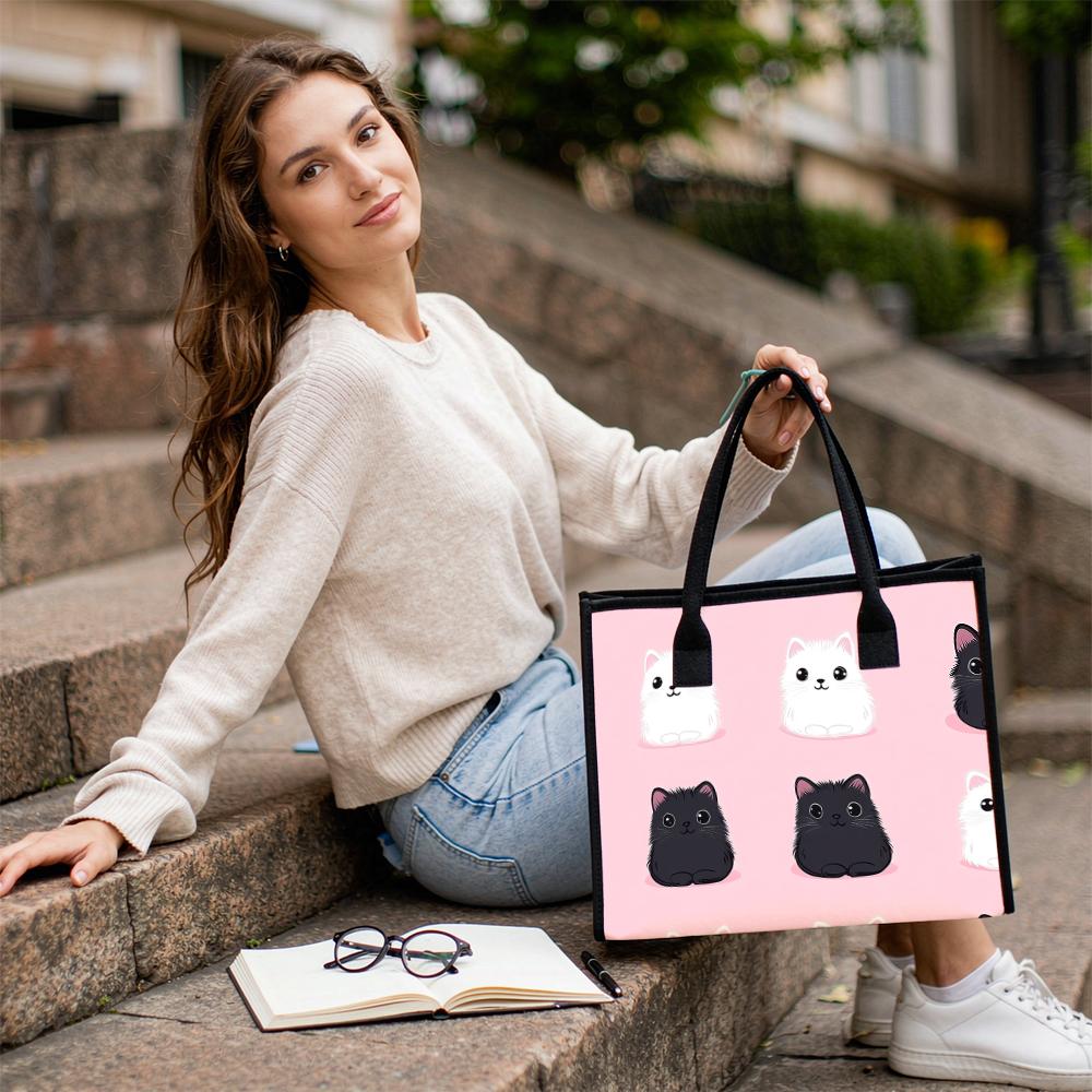 Cute Cat Print Women Tote Bag Fashion Casual Daily Shopping Handbag Portable Lightweight Ladies Shoulder Purse