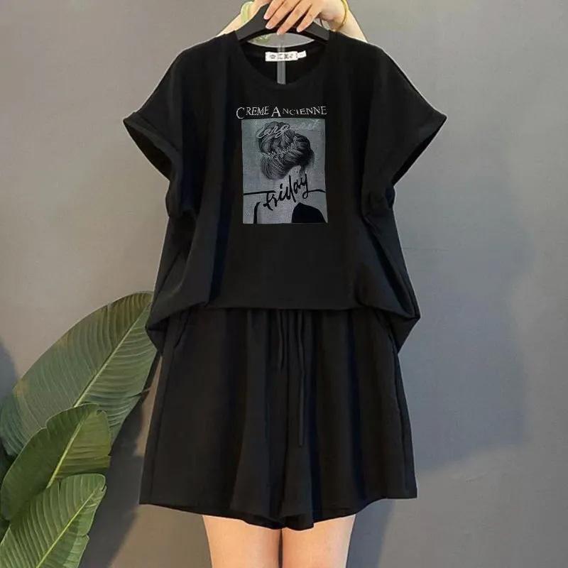 Костюм женский большого размера хлопковая футболка с капюшоном брюки из двух частей удобный топ с короткими рукавами и длинные брюки костюм из 2 предметов