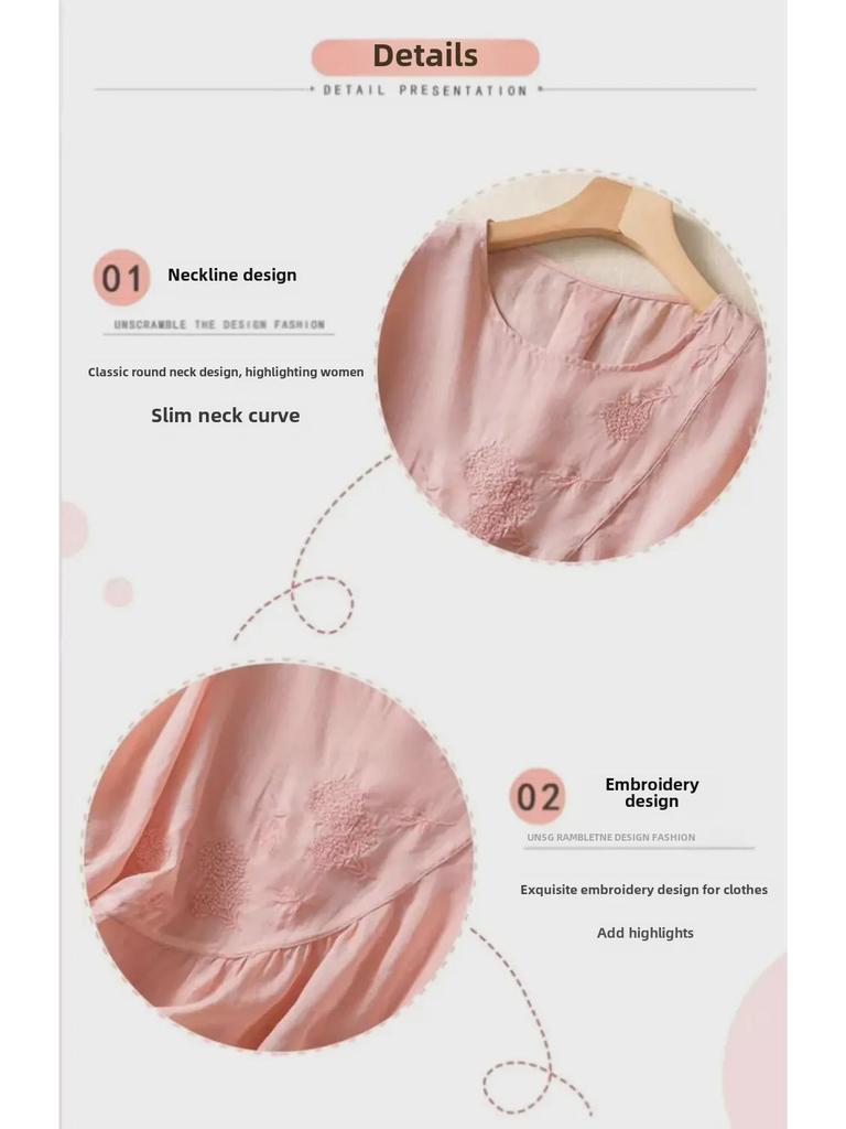 Summer Retro Embroidered Cotton-Linen T-Shirt: Solid Color, Loose Fit, Round Neck