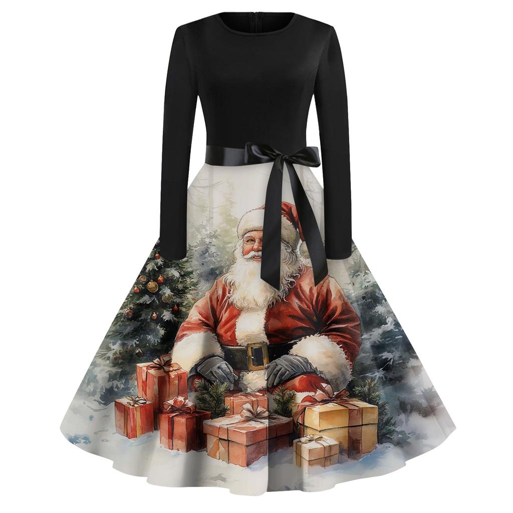 Женская мода винтаж с длинным рукавом и круглым вырезом с рождественским принтом вечерние платья платья
