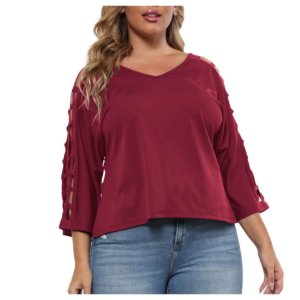 Женский летний повседневный модный сексуальный удобный свободный топ большого размера с полым v-образным вырезом, однотонный топ с рукавами три четверти