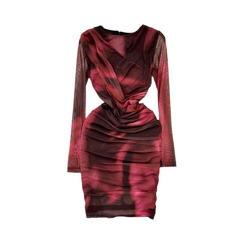 Fashion Fashion Long Sleeve Blooming Print Dress Mesh