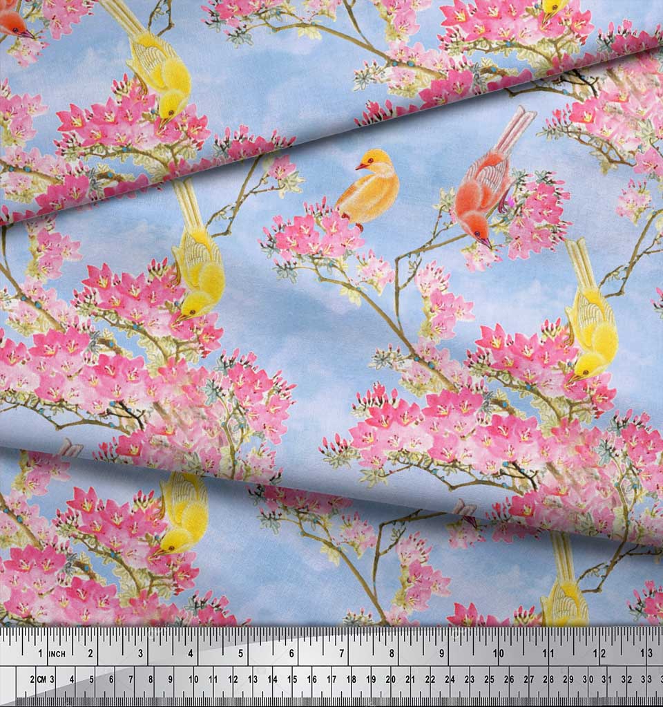 Soimoi Серая полиэфирная креповая ткань с принтом «Цветы и голуби и птицы» шириной 42 дюйма по метрам