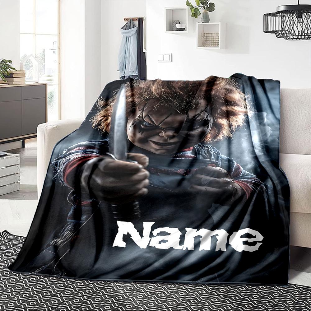 Custom Name Fiery Chucky Portrait Party Blanket For Couch Bed Plush Cozy Fuzzy Blanket Super Soft Warm Blankets For Fall And Winter 0916300