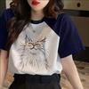 Женская летняя футболка с коротким рукавом, черно-белая, из чистого хлопка, вставками, европейского качества, большого размера, с принтом кошки, свободная, тонкая, топ с рукавом-спуском