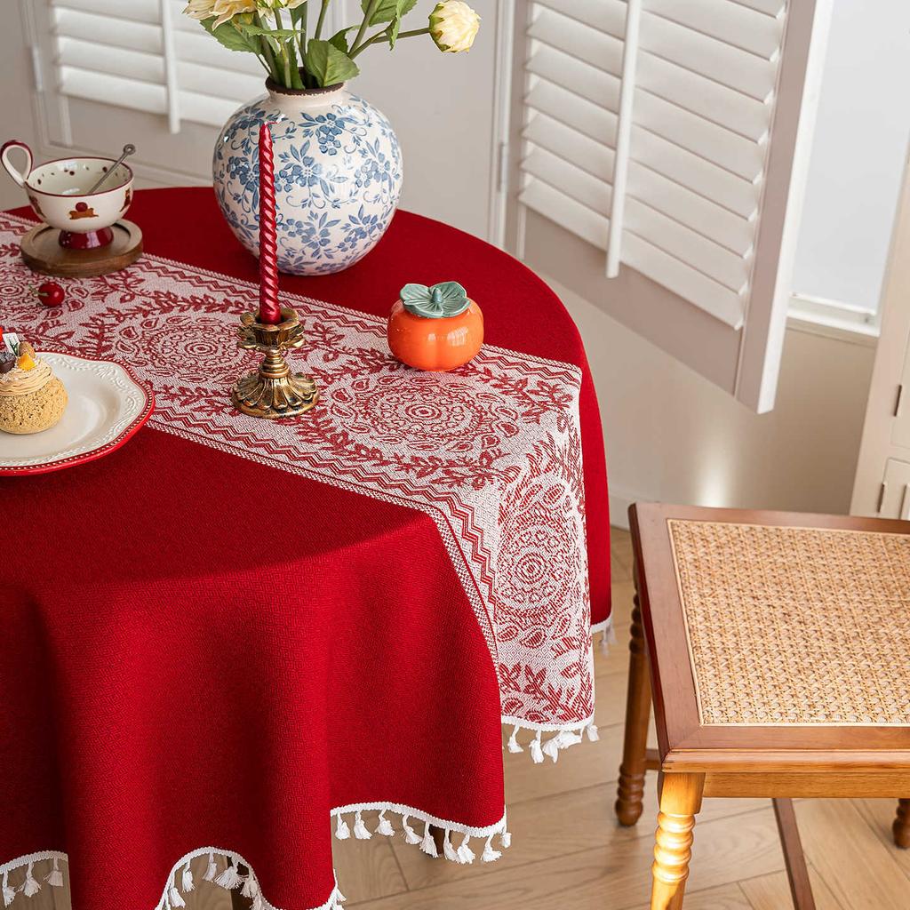 Festive Red Linen Tablecloth With Fringe Durable Rectangular Dining Table Cover