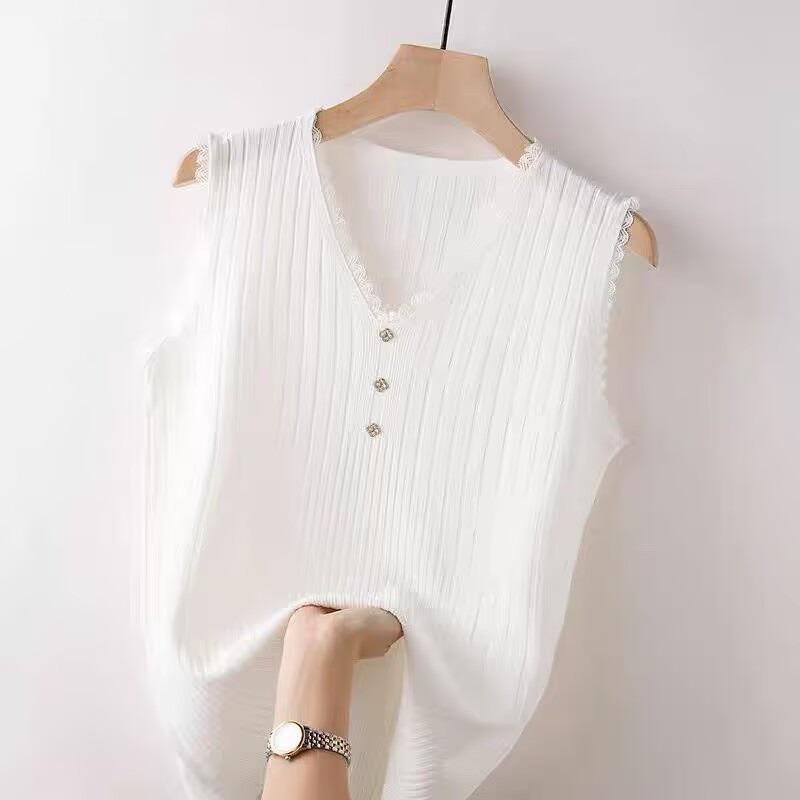 Women S Plus Size Ice Silk Lace Trim V Neck Sleeveless Knit Tank Top Summer Outerwear