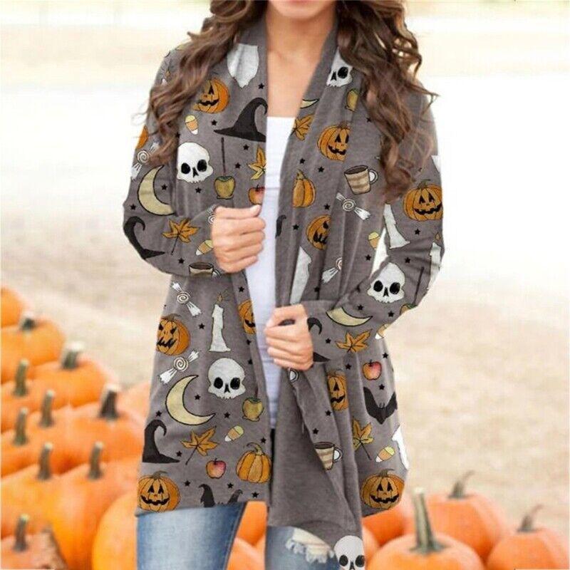 Кардиган с принтом Хэллоуина для женщин, вязаный свитер с открытой передней частью, кардиган с длинными рукавами