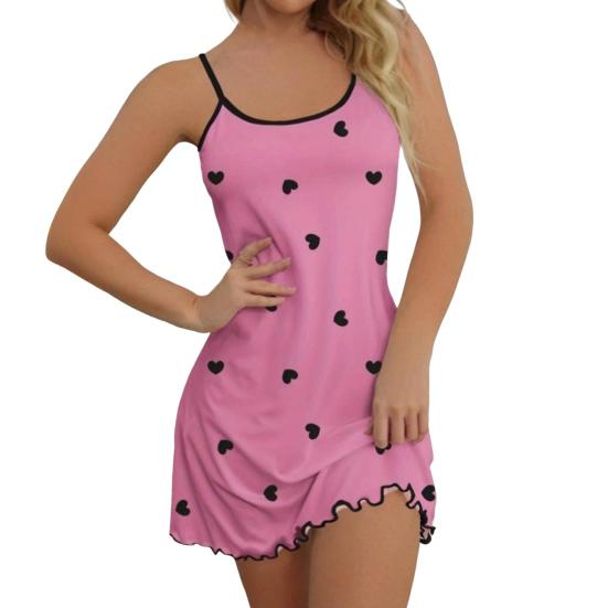 Women Summer Nightgown Heart Printing Shirring Edge Sleeveless Backless Spaghetti Strap A-line Mini Sleepwear Dress Thin Above The Knee Nightdress