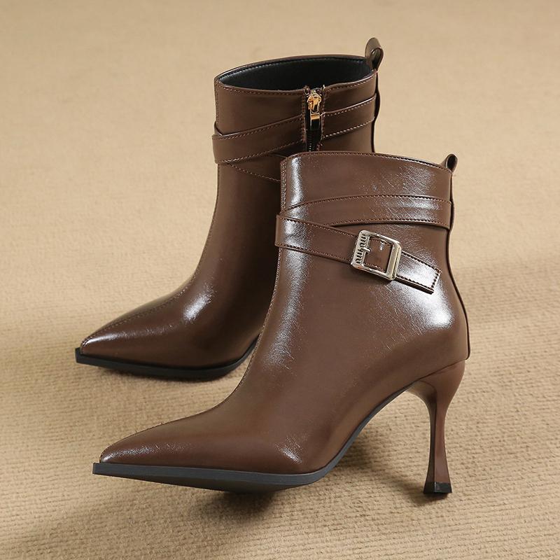Мода 2024 года, высококачественная женская обувь, женские ботинки с боковой молнией, модные ботильоны с пряжкой для офиса и карьеры, сексуальные ботильоны с острым носком