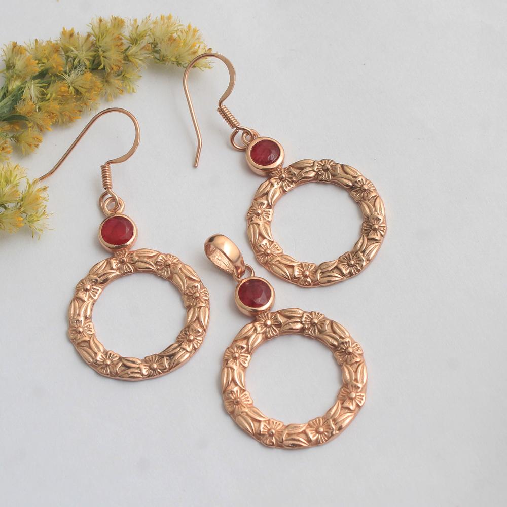 Lab Created Ruby Rose Gold Plated Pendant Earring 925 Sterling Silver Handmade Women Jewelry