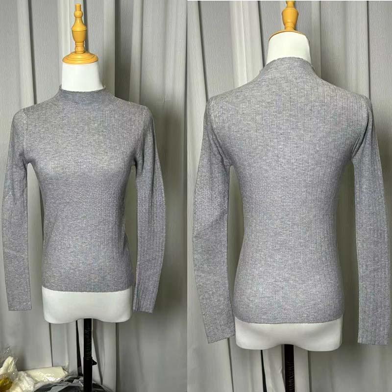 Women Autumn Winter Half High Collar Ribbed Knitted Sweater Solid Color Long Sleeve Slim-fit Pullovers