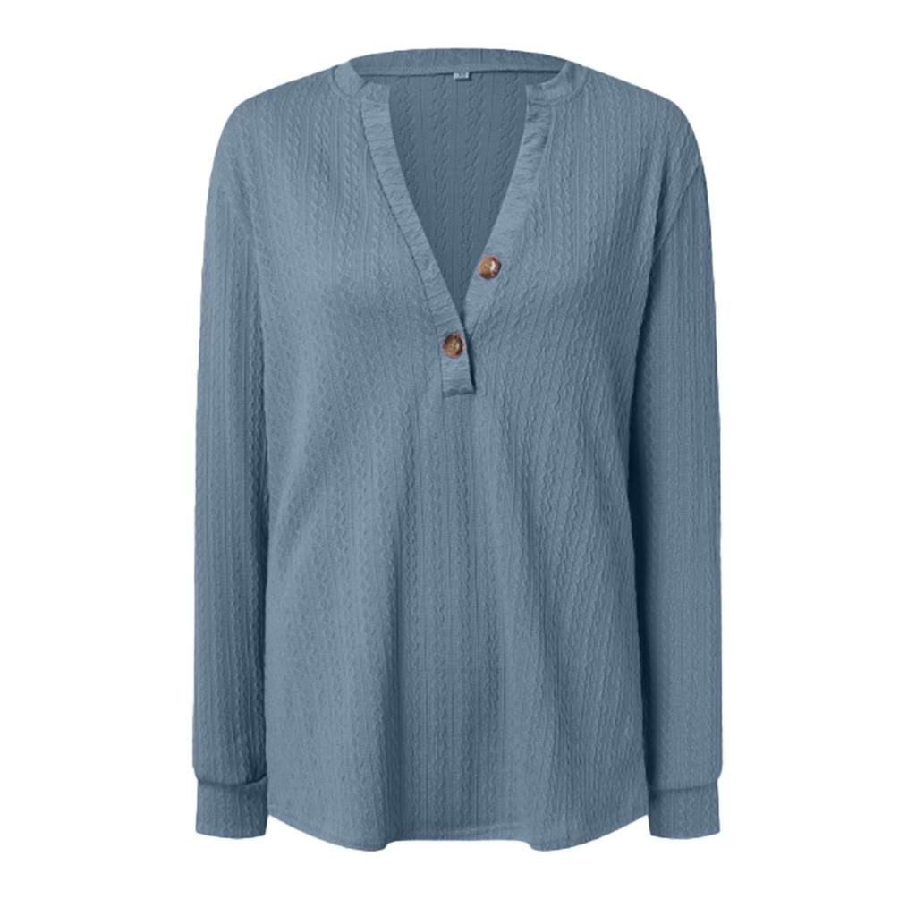 Женская мода с длинным рукавом однотонная футболка с v-образным вырезом и пуговицами повседневный топ с принтом