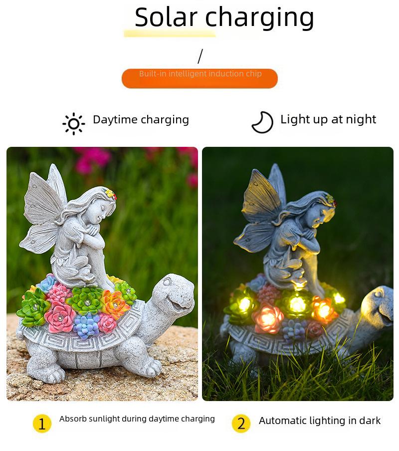 Статуя ангела-черепахи на солнечной батарее, садовая фея, декоративный орнамент из смолы