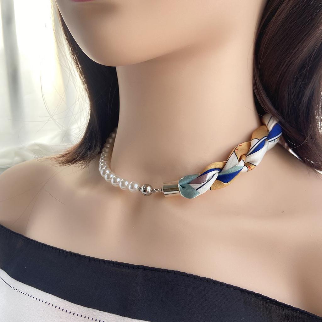French Silk Scarf Necklace Imitation Pearl Clavicle Neck Magnetic Buckle Scarf