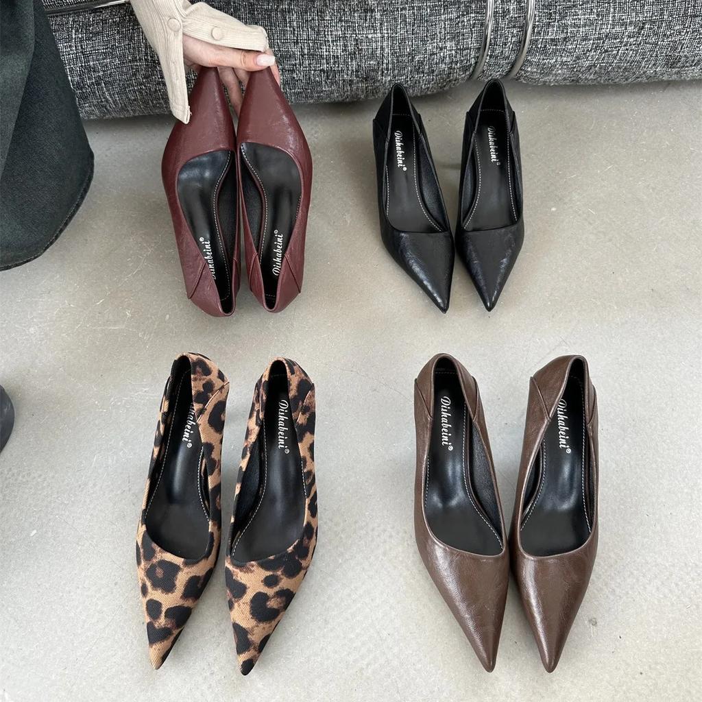 Office Footwear Leopard Print Women Pumps Heeled Shoes Fashion Pointed Toe Ladies Low Heel Shoes Career Female Slides Sandals