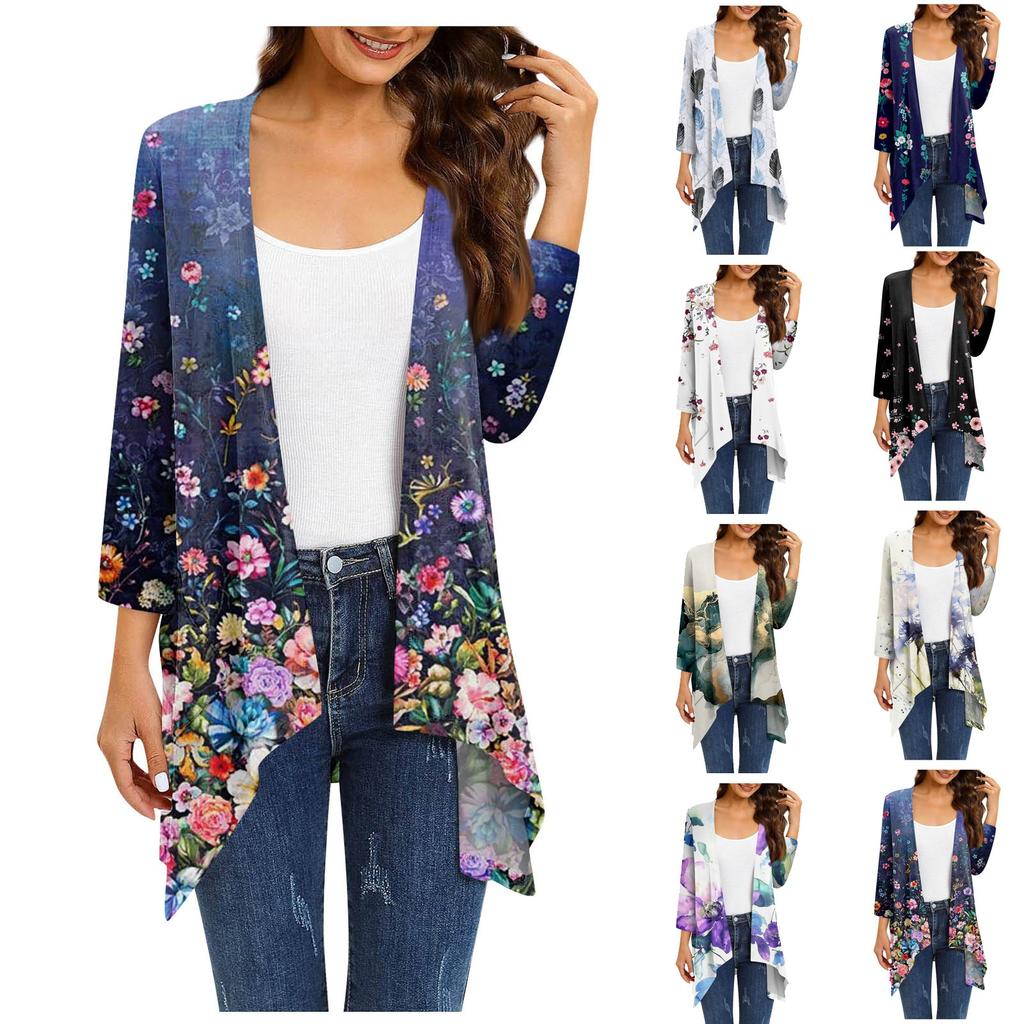 Women's Floral Print Irregular Three-quarter Sleeve Cardigan With Pocket Jacket